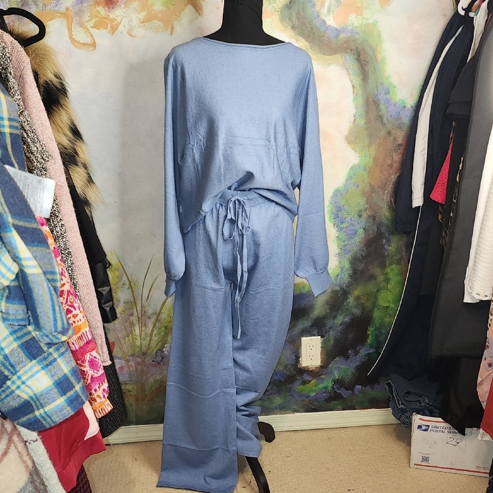 Blue Crew Neck Sweater and Wide Leg Pant Set